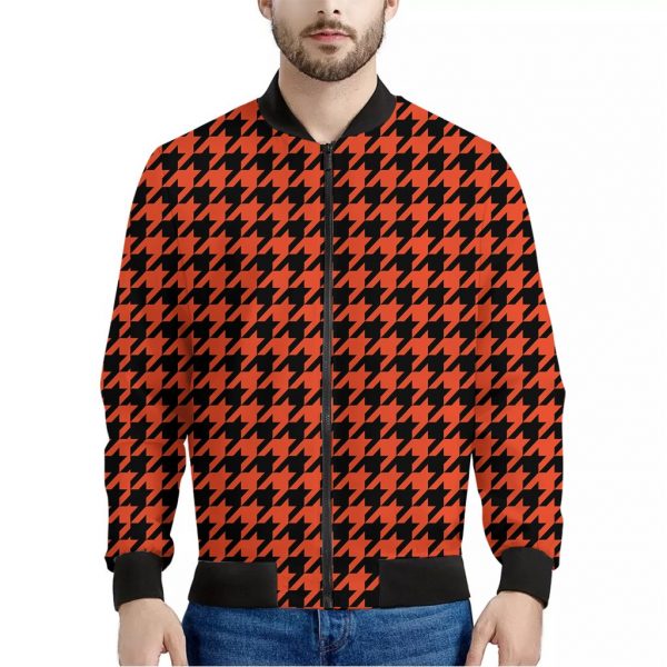 Orange And Black Houndstooth Print Bomber Jacket