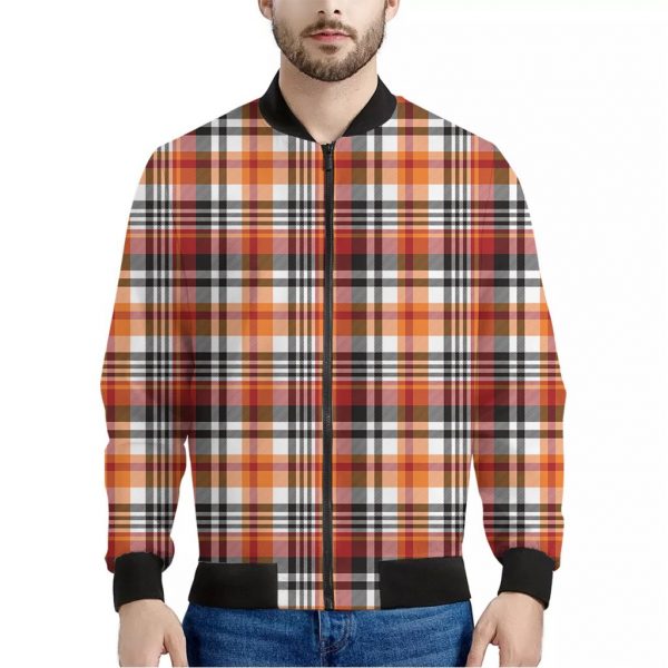 Orange And Black Madras Plaid Print Bomber Jacket