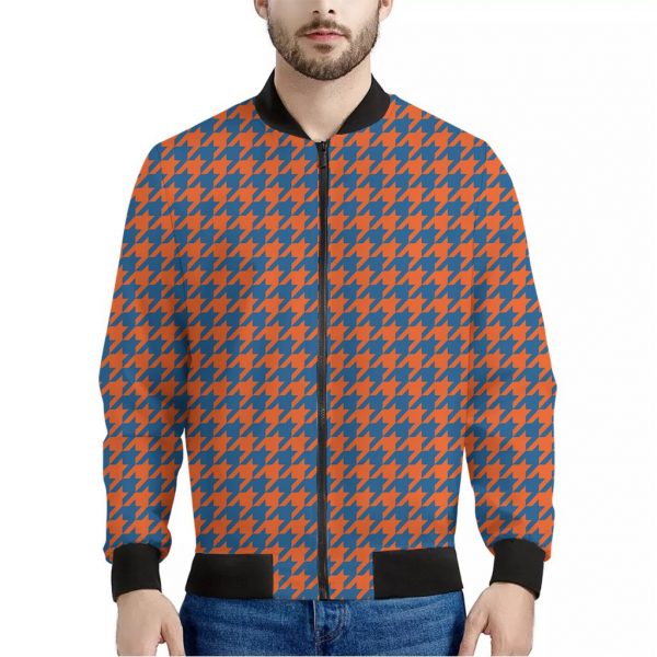 Orange And Blue Houndstooth Print Bomber Jacket