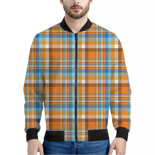 Orange And Blue Madras Pattern Print Bomber Jacket