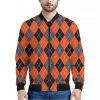 Orange And Grey Halloween Argyle Print Bomber Jacket