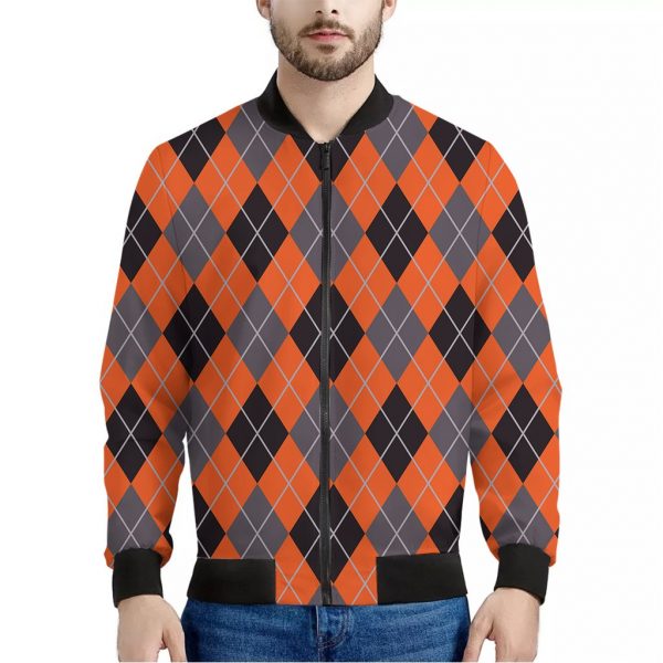 Orange And Grey Halloween Argyle Print Bomber Jacket