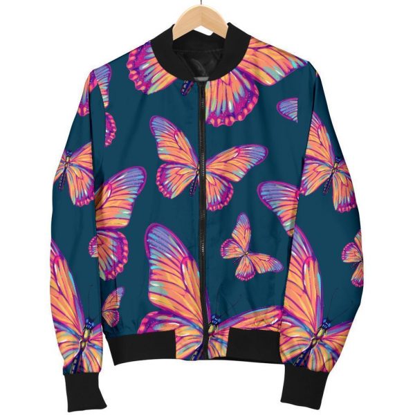 Orange And Purple Butterfly Print Bomber Jacket