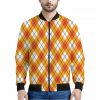 Orange And White Argyle Pattern Print Bomber Jacket
