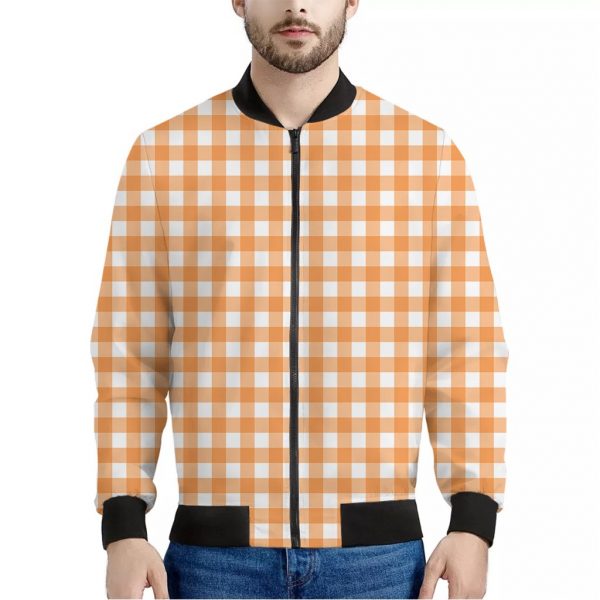 Orange And White Check Pattern Print Bomber Jacket