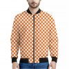 Orange And White Checkered Pattern Print Bomber Jacket