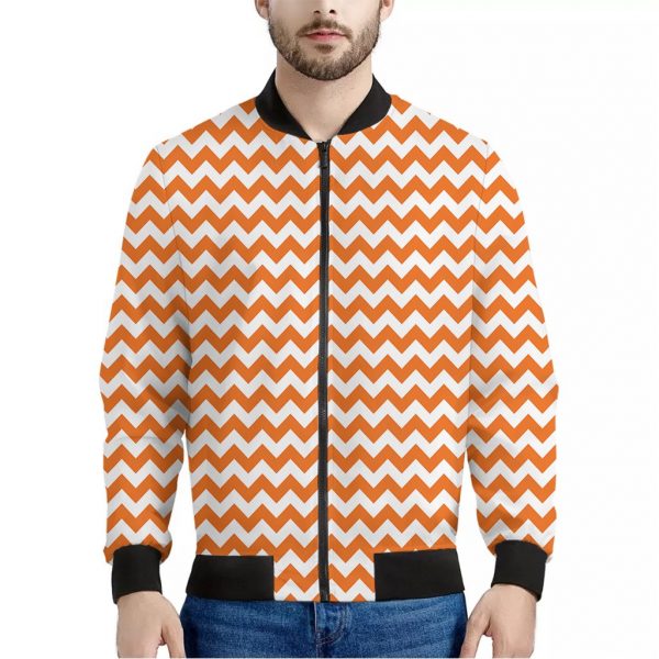 Orange And White Chevron Pattern Print Bomber Jacket