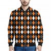Orange Black Grey And White Argyle Print Bomber Jacket