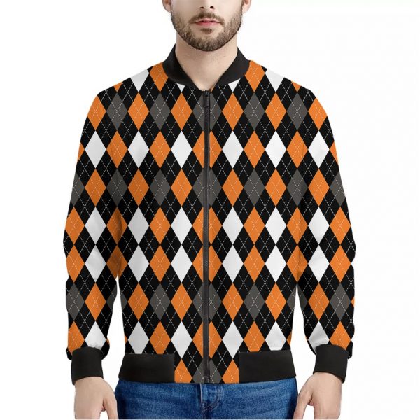 Orange Black Grey And White Argyle Print Bomber Jacket