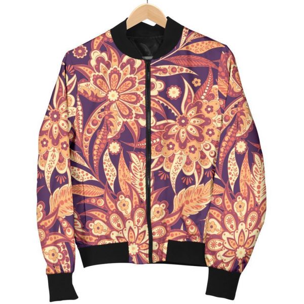 Orange Bohemian Floral Pattern Print Bomber Jacket