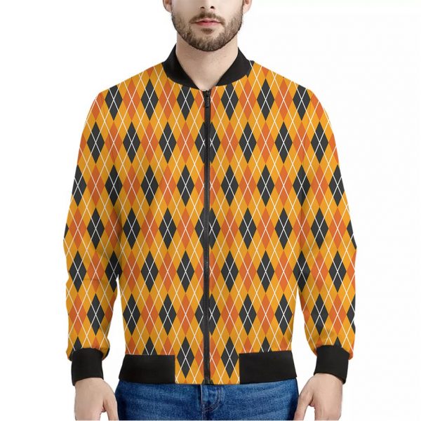 Orange Halloween Argyle Pattern Print Bomber Jacket