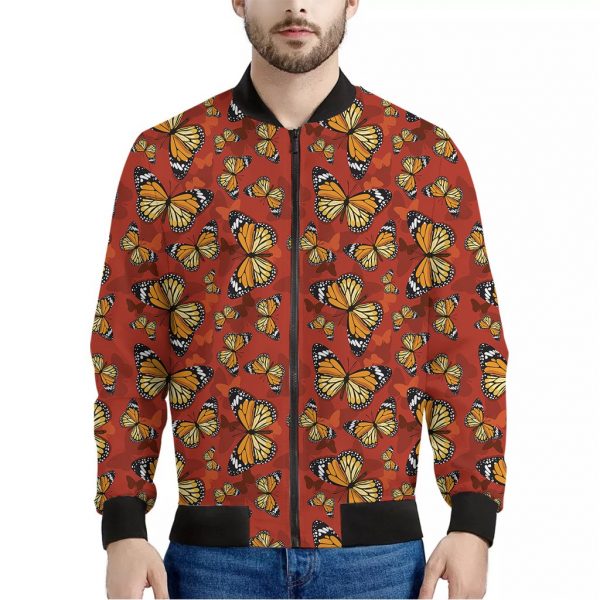 Orange Monarch Butterfly Print Bomber Jacket