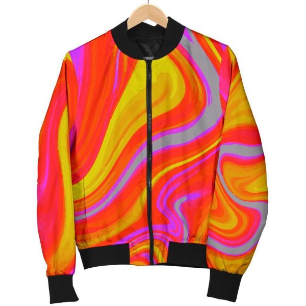 Orange Psychedelic Liquid Trippy Print Bomber Jacket