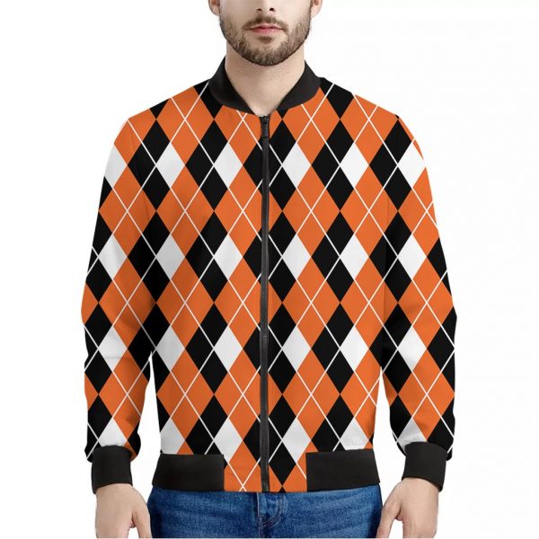 Orange White And Black Argyle Print Bomber Jacket