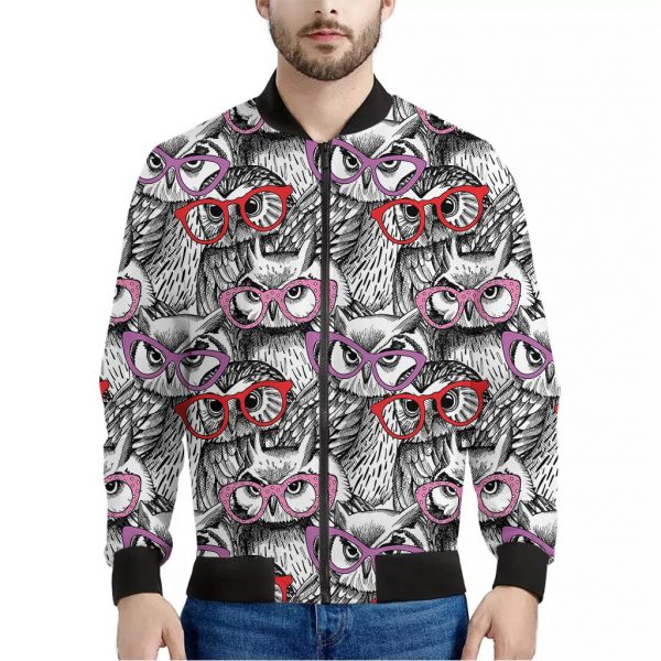 Owl With Glasses Pattern Print Bomber Jacket