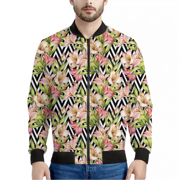 Pastel Alstroemeria Zigzag Pattern Print Bomber Jacket