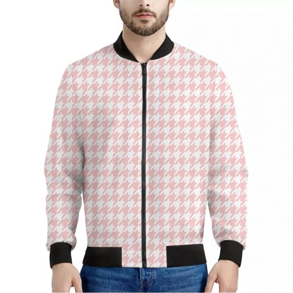 Pastel Pink And White Houndstooth Print Bomber Jacket
