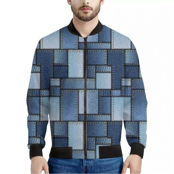 Patchwork Denim Jeans Pattern Print Bomber Jacket