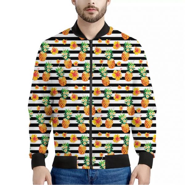 Pineapple And Hibiscus Striped Print Bomber Jacket