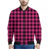 Pink And Black Buffalo Plaid Print Bomber Jacket