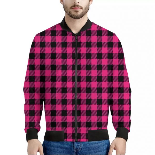 Pink And Black Buffalo Plaid Print Bomber Jacket