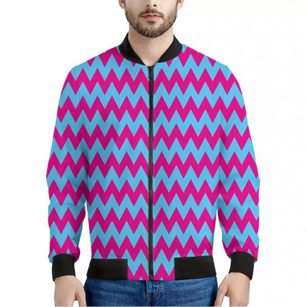 Pink And Blue Chevron Pattern Print Bomber Jacket