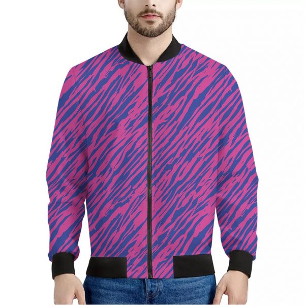 Pink And Blue Zebra Stripes Print Bomber Jacket