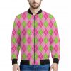 Pink And Green Argyle Pattern Print Bomber Jacket