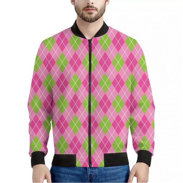 Pink And Green Argyle Pattern Print Bomber Jacket