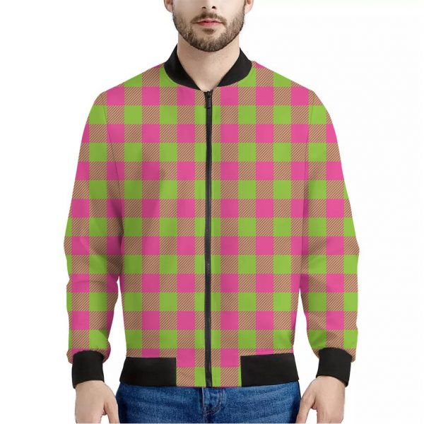 Pink And Green Buffalo Plaid Print Bomber Jacket