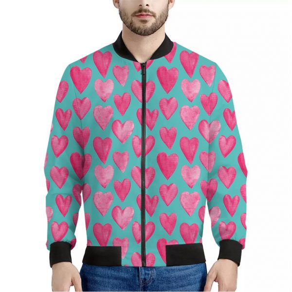 Pink And Teal Watercolor Heart Print Bomber Jacket