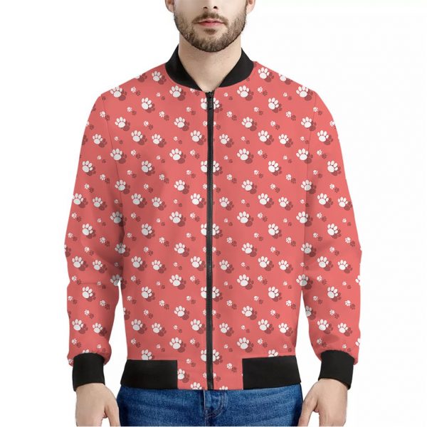 Pink And White Animal Paw Pattern Print Bomber Jacket