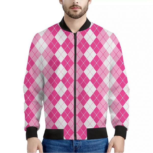 Pink And White Argyle Pattern Print Bomber Jacket