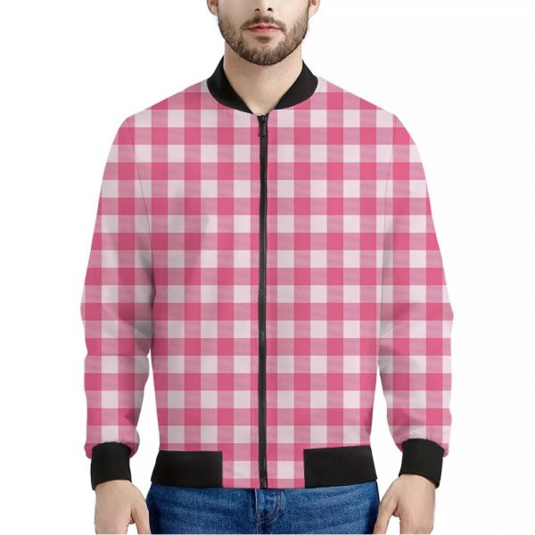 Pink And White Buffalo Check Print Bomber Jacket