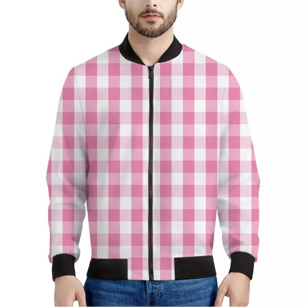 Pink And White Check Pattern Print Bomber Jacket