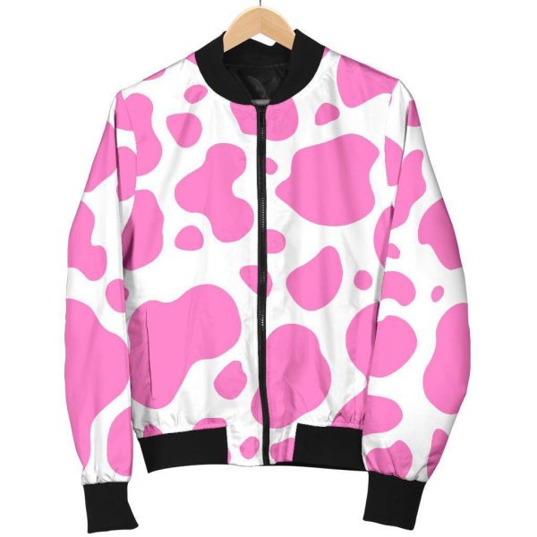 Pink And White Cow Print Bomber Jacket