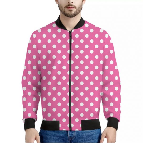 Pink And White Polka Dot Pattern Print Bomber Jacket