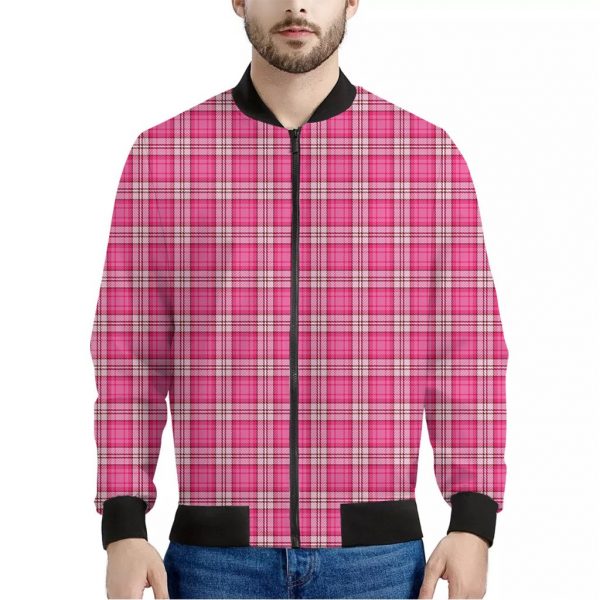 Pink And White Tartan Pattern Print Bomber Jacket