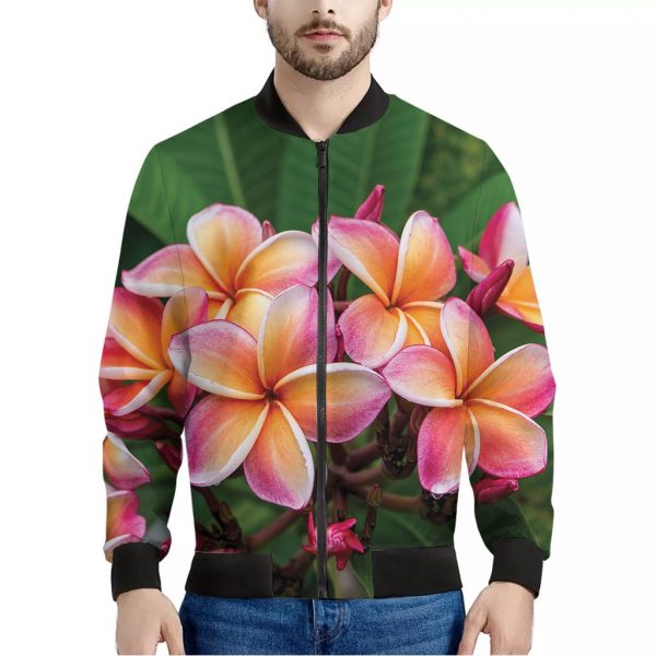 Pink And Yellow Plumeria Flower Print Bomber Jacket