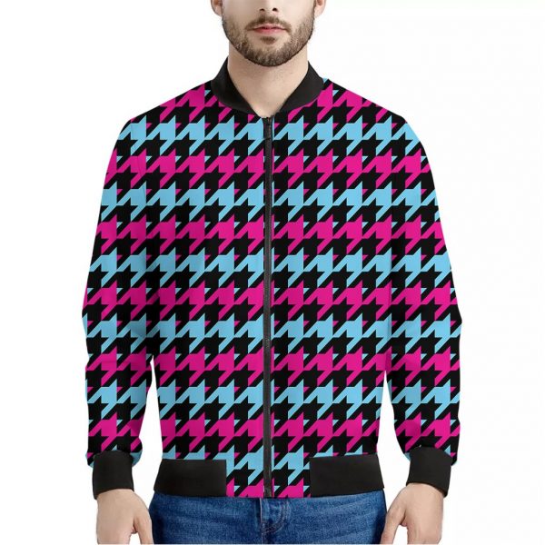 Pink Blue And Black Houndstooth Print Bomber Jacket