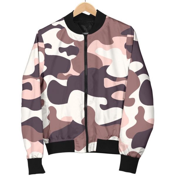 Pink Brown Camouflage Print Bomber Jacket