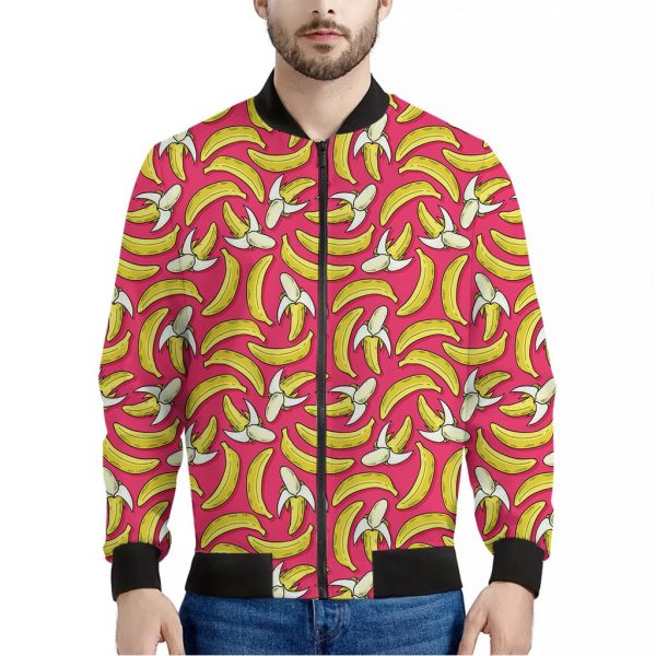 Pink Cartoon Banana Pattern Print Bomber Jacket