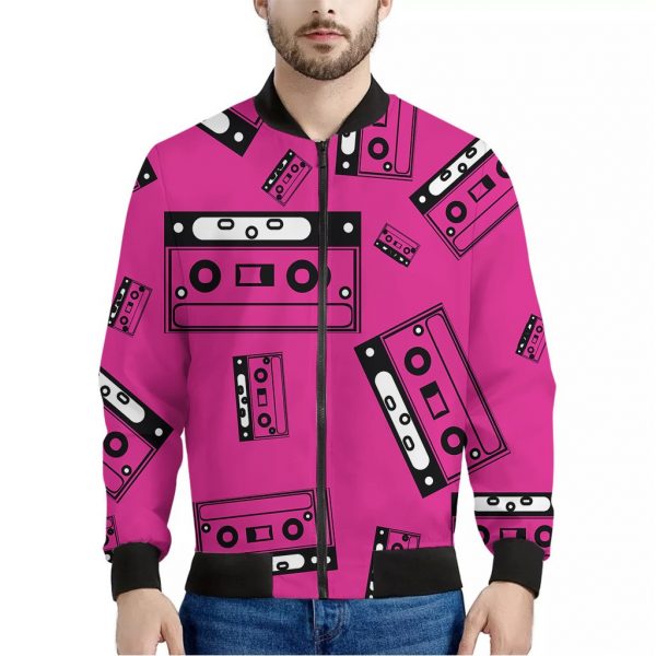Pink Cassette Tape Pattern Print Bomber Jacket