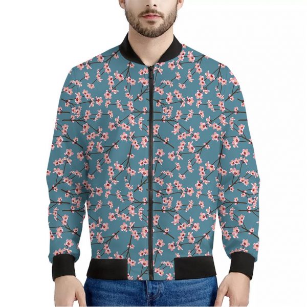 Pink Cherry Blossom Pattern Print Bomber Jacket