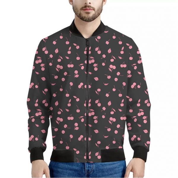 Pink Cherry Pattern Print Bomber Jacket