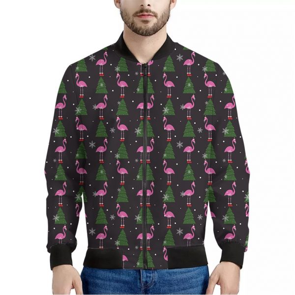 Pink Christmas Flamingo Pattern Print Bomber Jacket