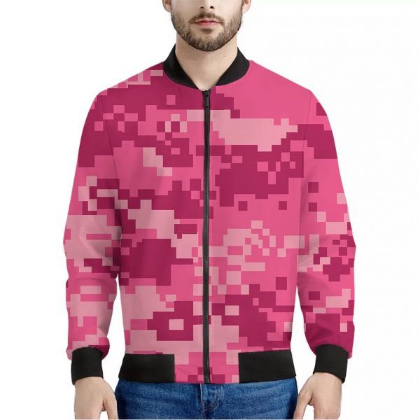 Pink Digital Camo Pattern Print Bomber Jacket