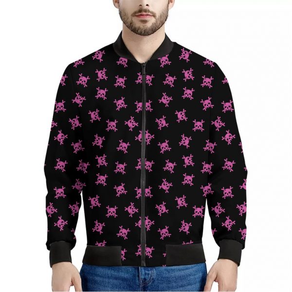 Pink Emo Skull Pattern Print Bomber Jacket
