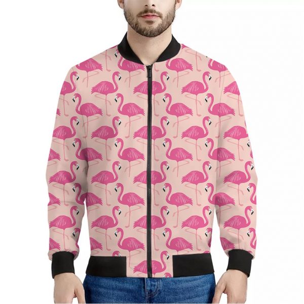 Pink Flamingo Pattern Print Bomber Jacket