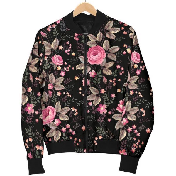 Pink Floral Flower Pattern Print Bomber Jacket